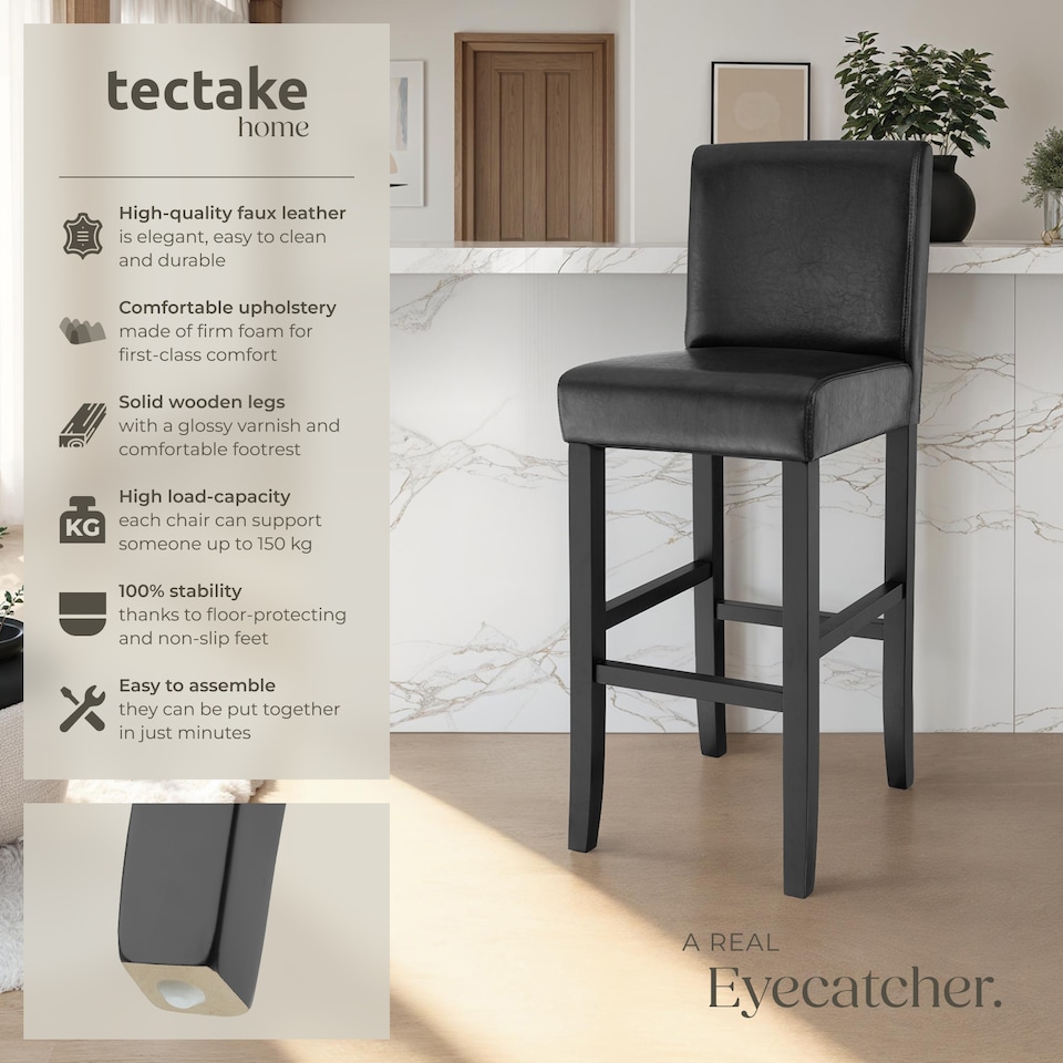 image 1 of Bar Stools with a padded backrest and faux leather cover | Black | black | 41 x 40 x 107 cm | 2