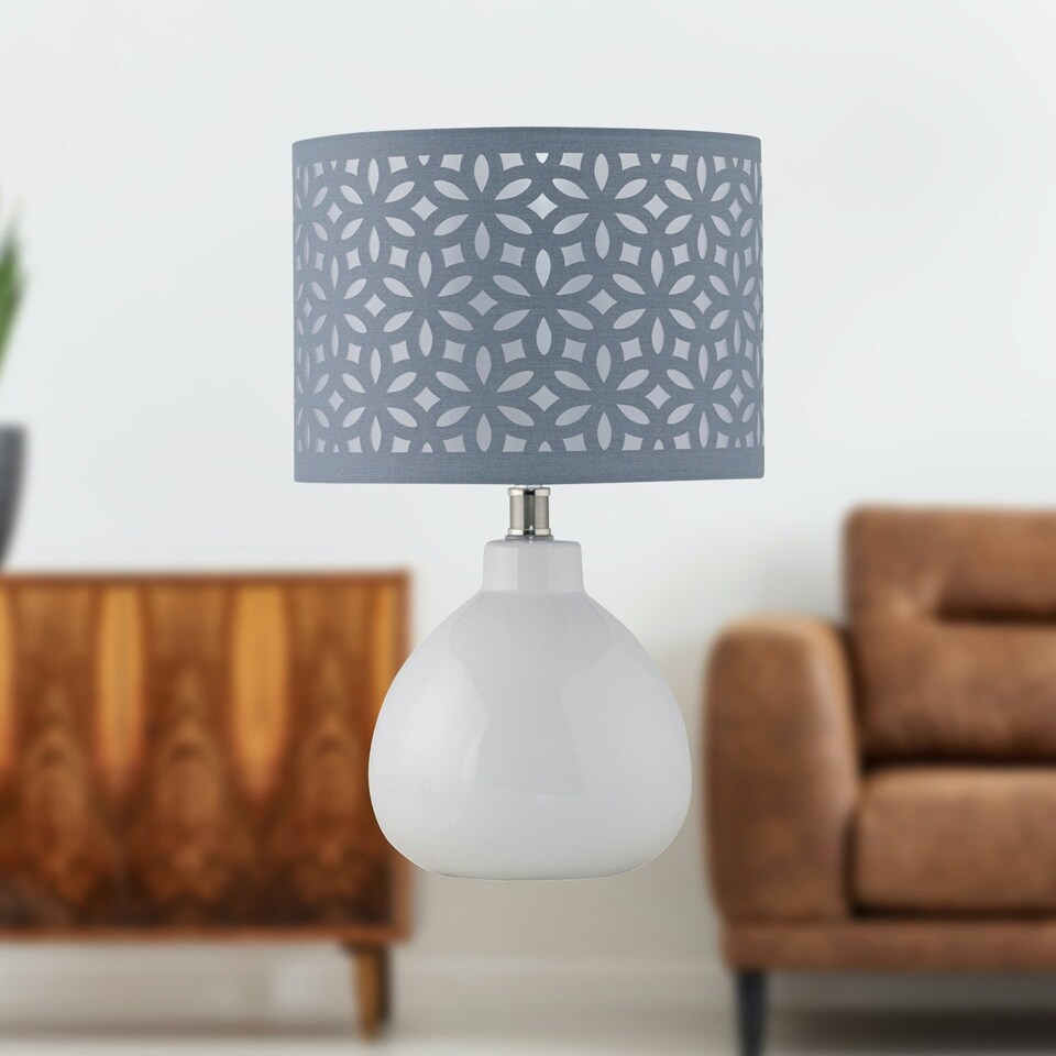 image 1 of First Choice Lighting Set of 2 Tuscan White Ceramic Lamps with Grey Cut Out Shade White | Grey