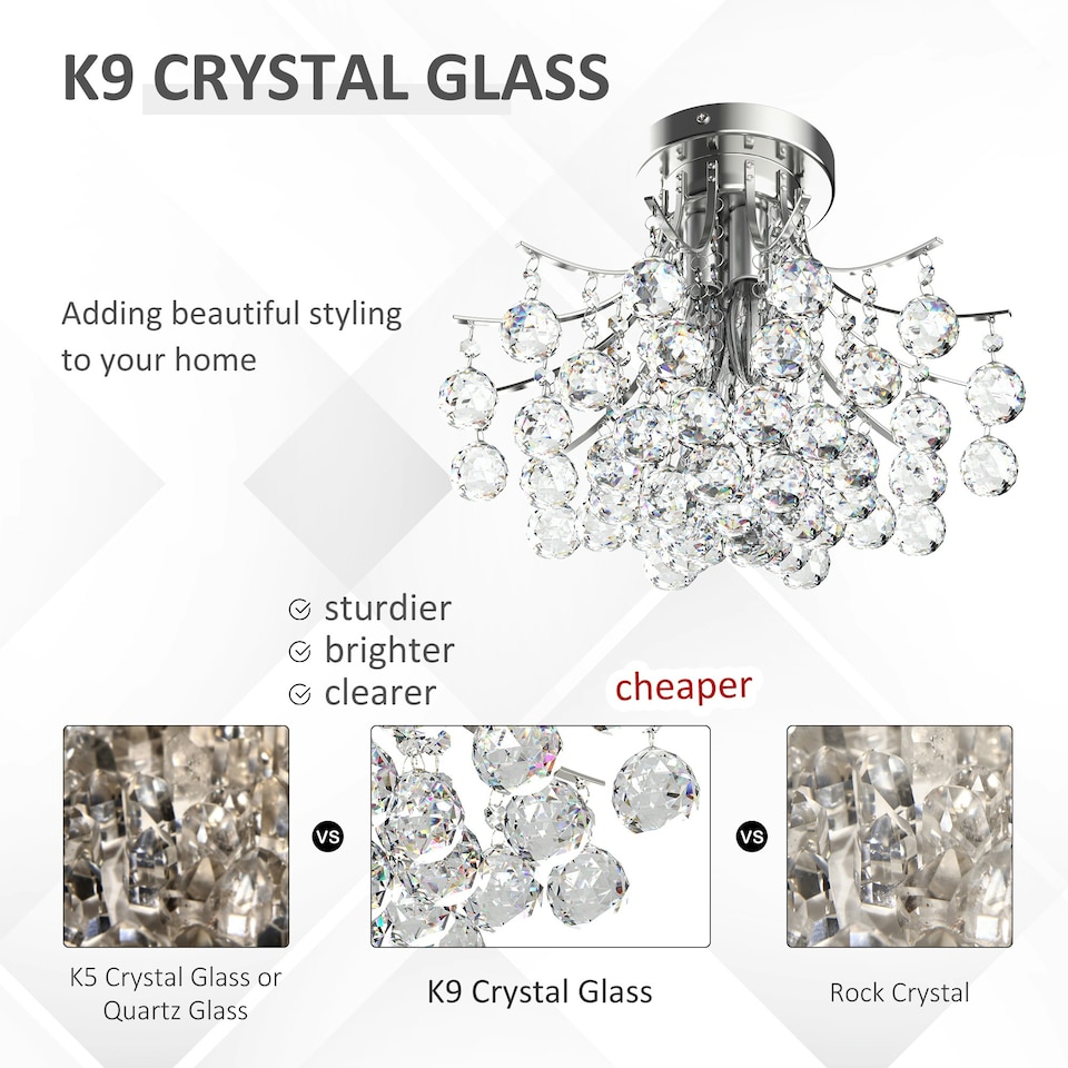 image 1 of HOMCOM Modern K9 Crystal Chandelier Ceiling Lighting Pendant Lamp with 3 Light