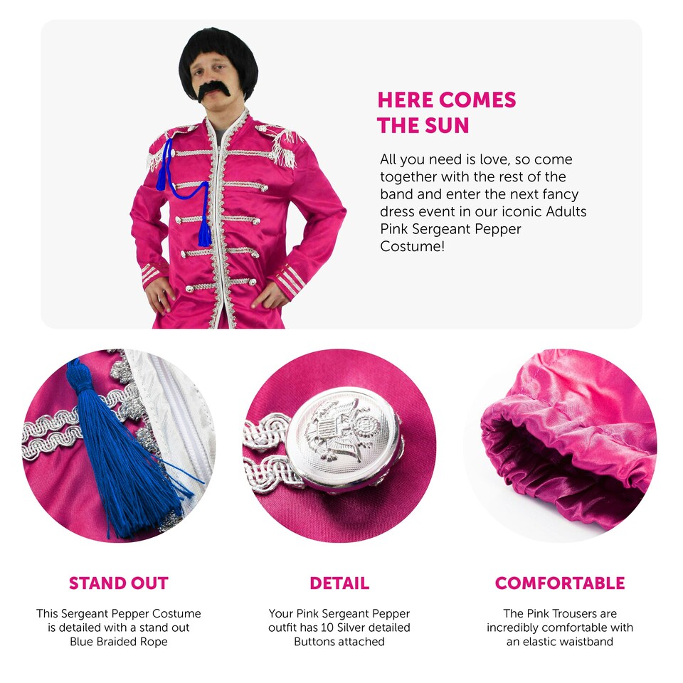 image 1 of Adults Pink Sergeant Pepper Costume – 60s Fancy Dress Outfit Pink | M