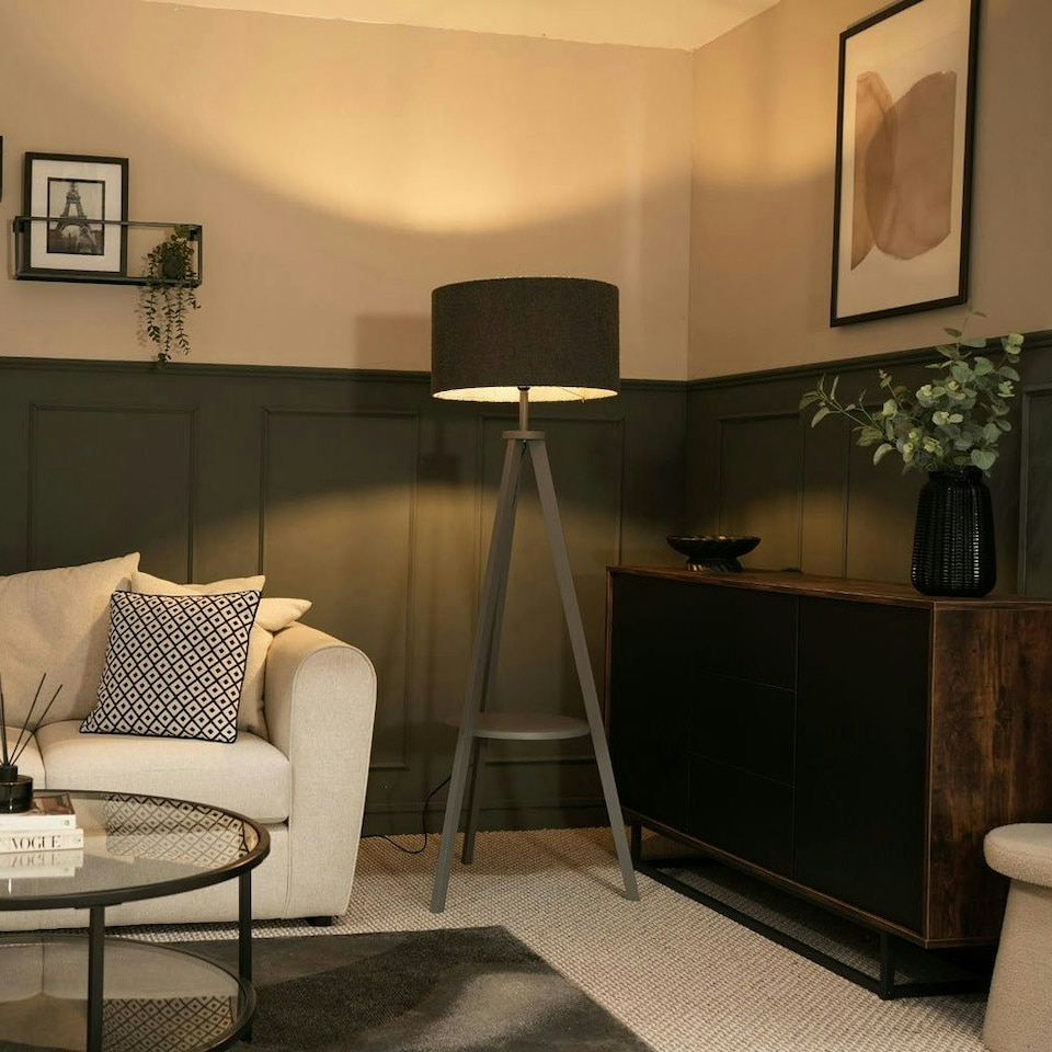 image 1 of ValueLights Morrigan Grey Wood Tripod Floor Lamp Boucle Shade & Bulb Grey