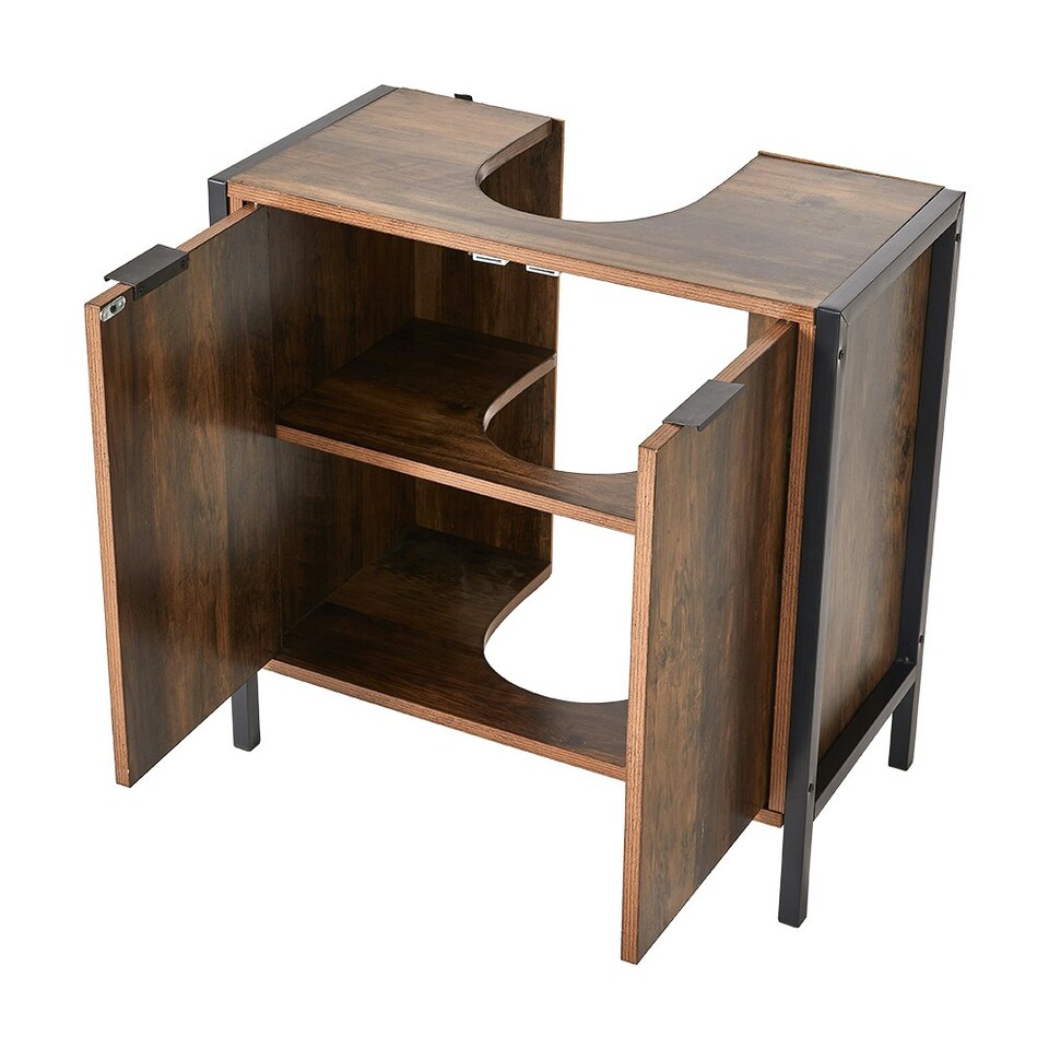 image 1 of Living and Home Double Door U-Shaped Under Sink Cabinet - Walnut Brown 60x30x60cm Brown