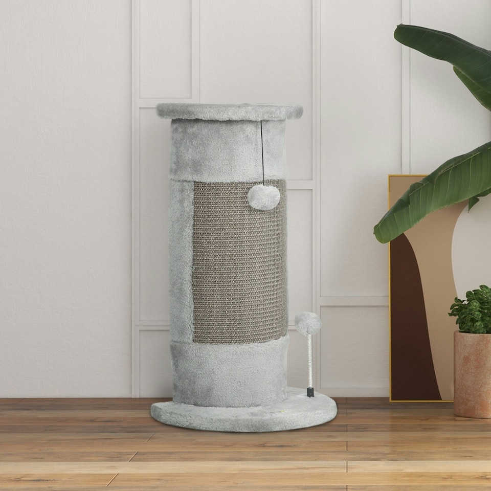 image 1 of PawHut Claw Scratcher Corner Wall, with Plush Sisal Toy Balls, 58cm, Grey