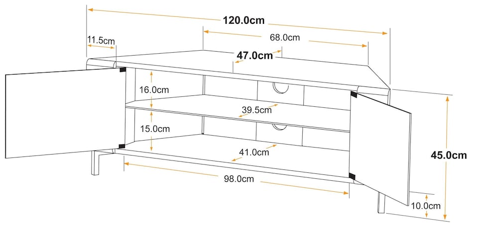 image 1 of MDA Designs CORVUS Corner-Friendly Gloss Black Contemporary Cabinet with BeamThru Glass Doors Modern Space-Saving Stand for Flat Screen TVs up to 50 Inch | Black | 1
