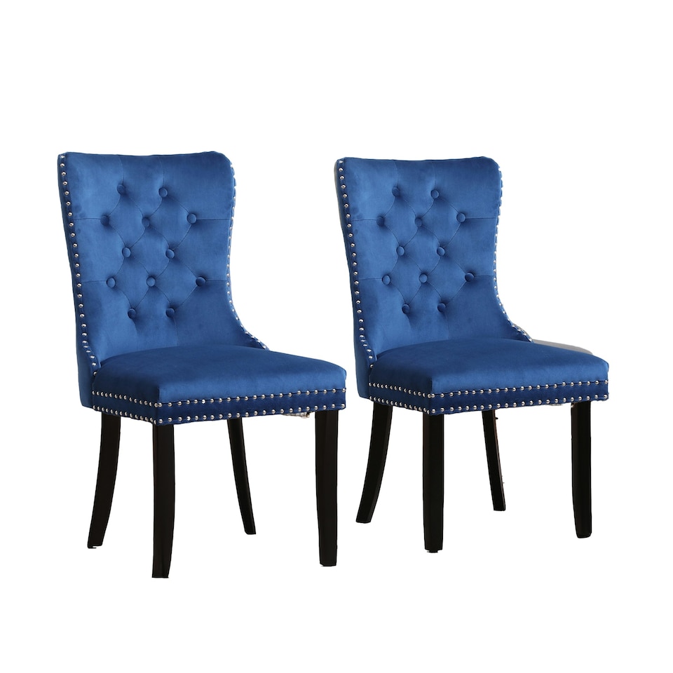 image 1 of Blue Set of Six Studded Velvet Dining Chair with Ring Knocker Detail Blue
