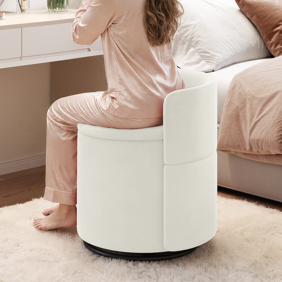 image 1 of Yaheetech Velvet Storage Ottoman Chair, 360° Swivel Tub Chair with Hidden Storage, Lift-Off Lid, Upholstered Backrest, 40L Capacity, 45.8cm H, White