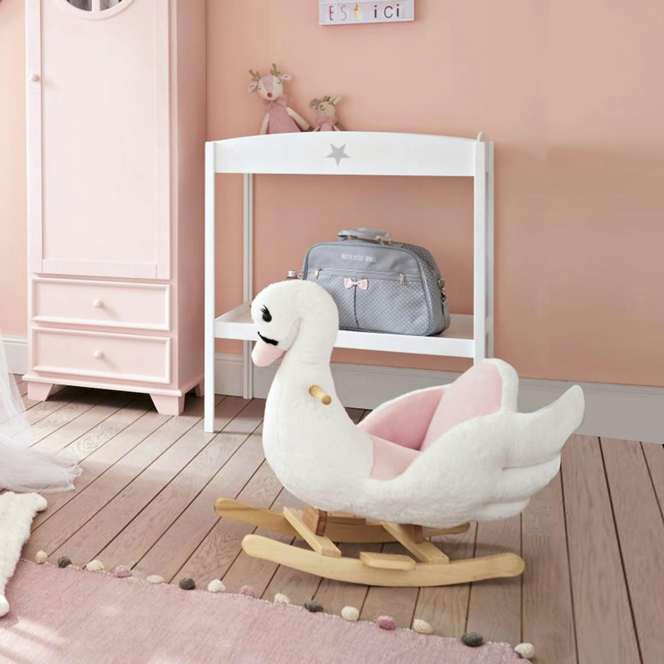 image 1 of HOMCOM Kids Rocking Horse Ride On Swan Toy w/ Music Safety Seat for Toddler