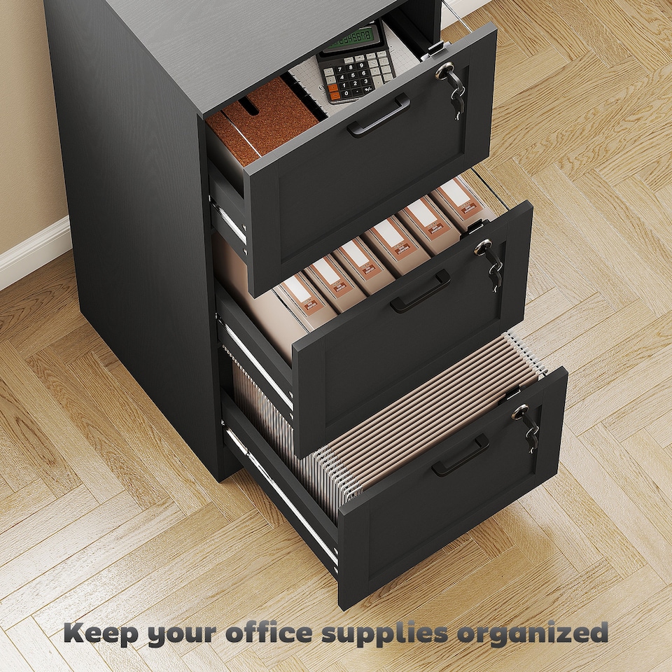 image 1 of HOMCOM 3 Drawer File Cabinet with Lock, Vertical Filing Cabinet with Adjustable Hanging Bars for A4 and Letter Size File Folders, Printer Stand with Storage, Black | Black
