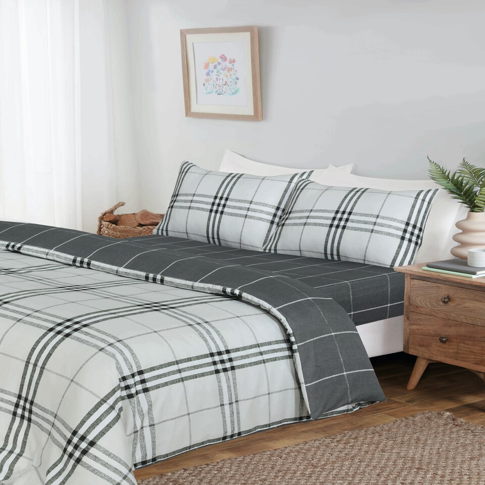 image 1 of Harris Check Microfibre Complete Duvet Set with Fitted Sheet Grey | Single