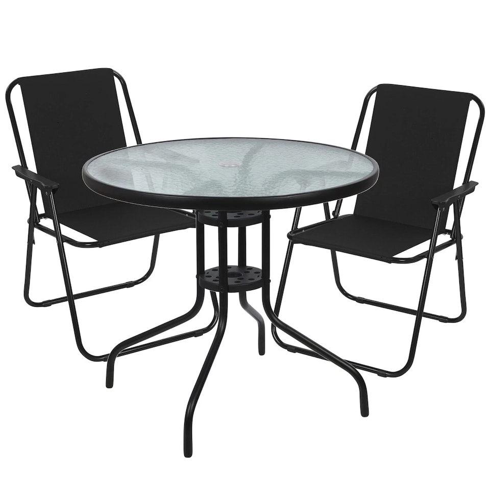 image 1 of Garden Table & Folding Deck Chairs Set 2 4 Seater Outdoor Patio Dining Furniture | Black | Table + 2 Black Chairs
