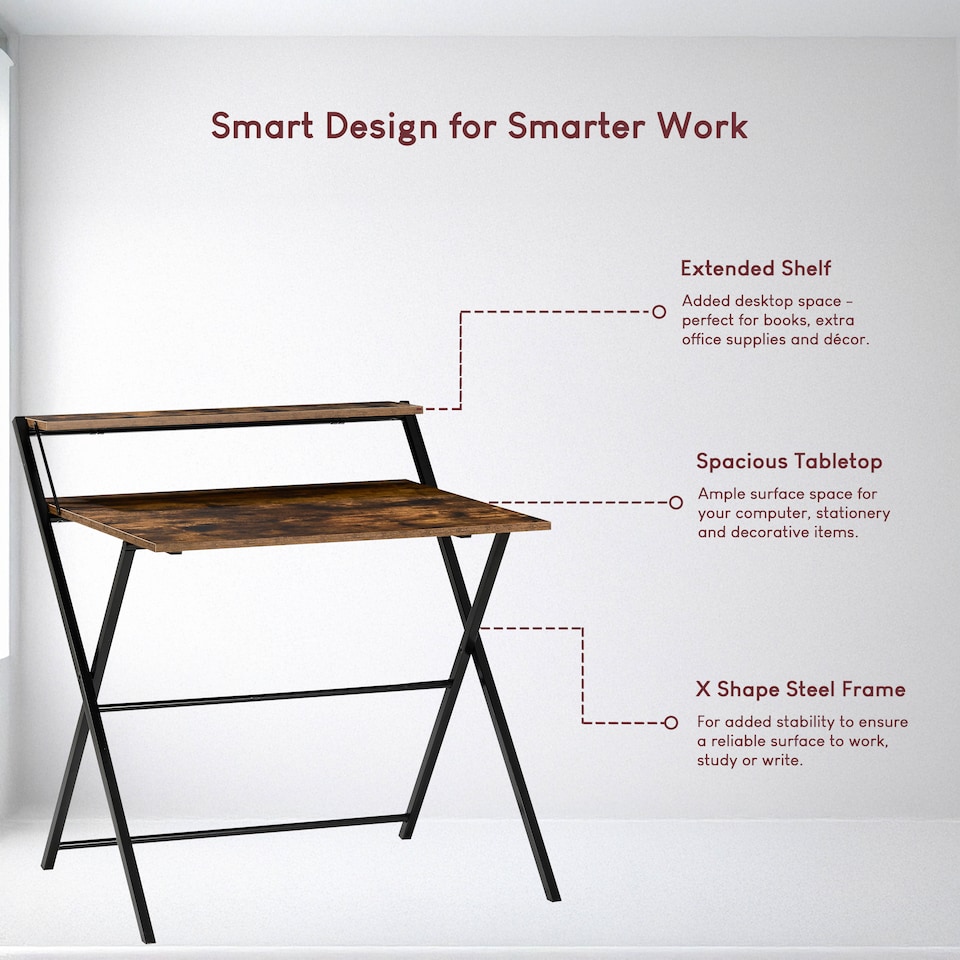 image 1 of Vida Designs Brooklyn Foldable Computer Desk Home Office Workstation, Dark Wood