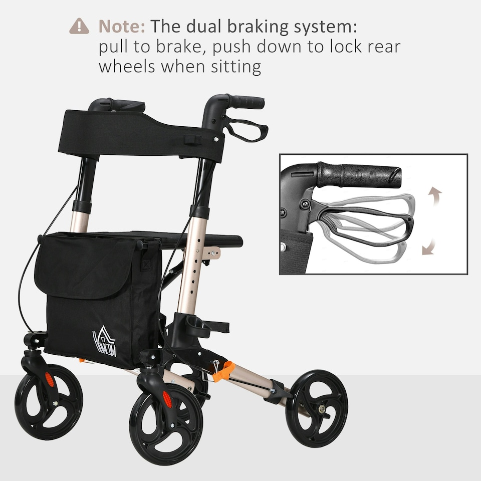 image 1 of HOMCOM 4 Wheel Rollator Walker, Adjustable Mobility Walker with Bag,Gold Tone