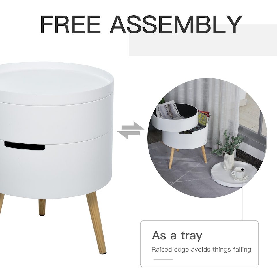 image 1 of HOMCOM 3-Tier Coffee Table, Round End Table with 2 Hidden Compartments and Detachable Tray, Side Table with Storage for Living Room, White | White