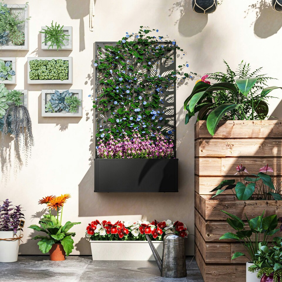 image 1 of Outsunny Metal Raised Garden Bed with Trellis, Outdoor Elevated Planter Box 