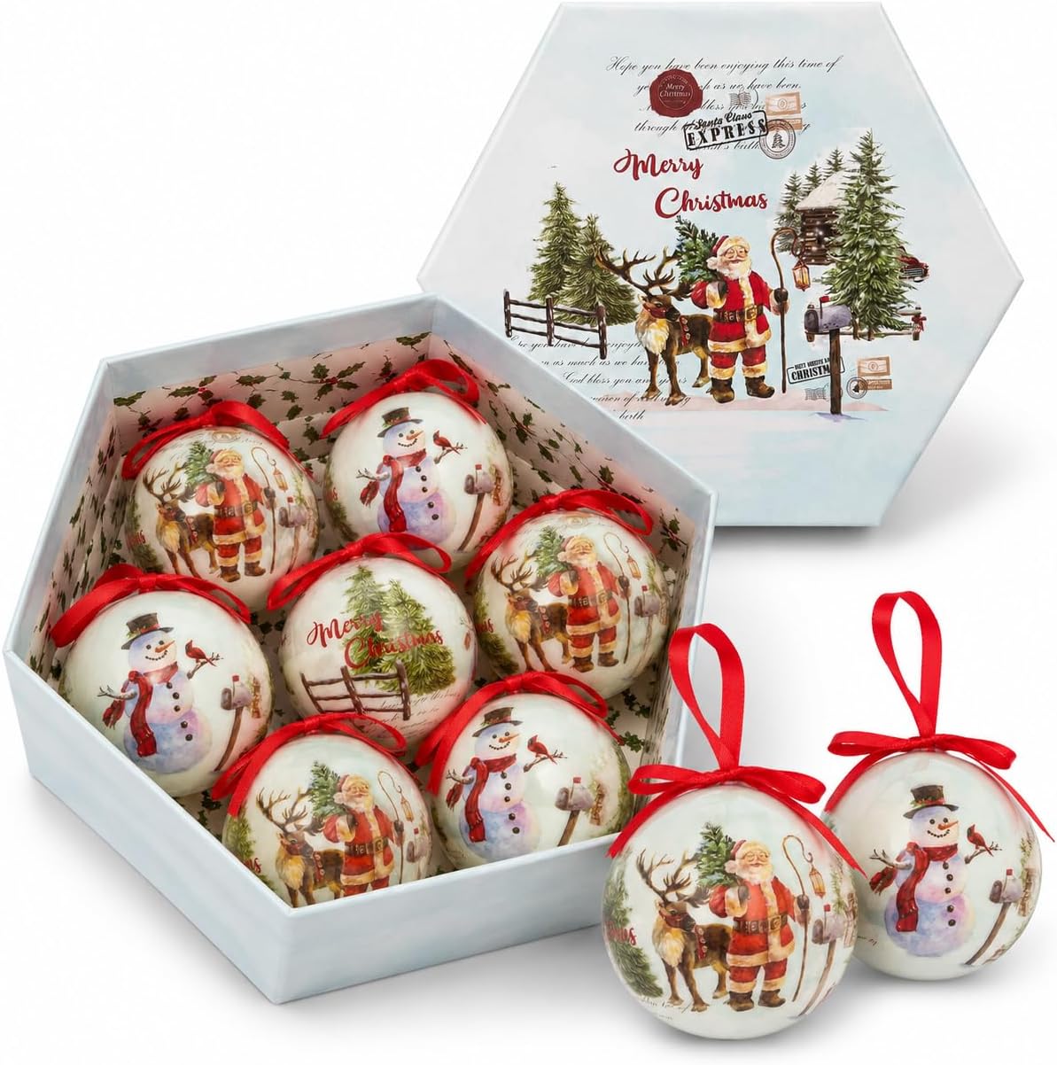 Christmas Tree Decorations Xmas Baubles Set of 7 Father Christmas & Snowman Festive Designs 7.5cm Decorative Hanging Baubles with Red Satin Ribbon Tre