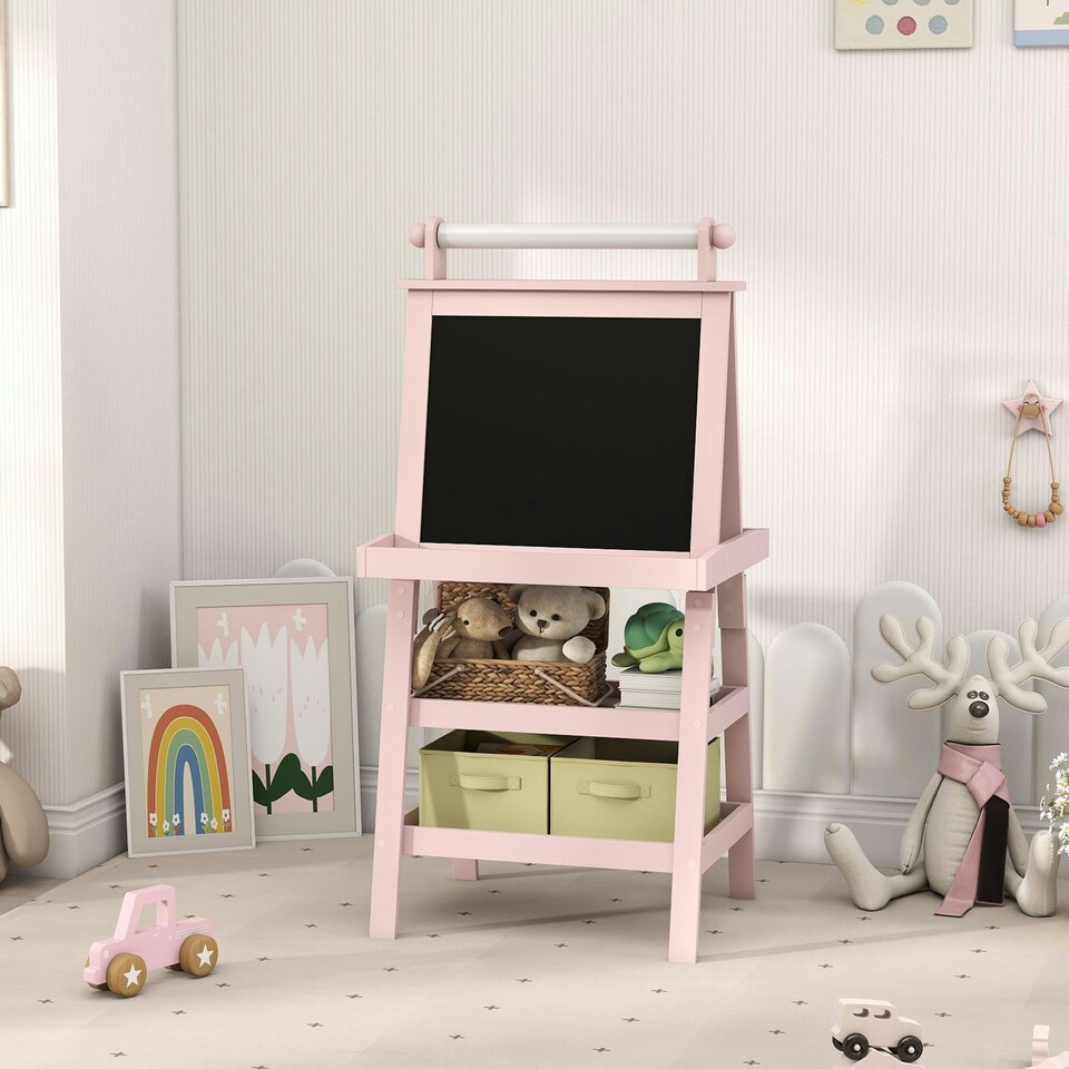 image 1 of AIYAPLAY Art Easel for Kids with Paper Roll, 3 in 1 Kids Easel Double-Sided Magnetic Whiteboard and Chalkboard with Storage Baskets, for Children 3-6 Years 