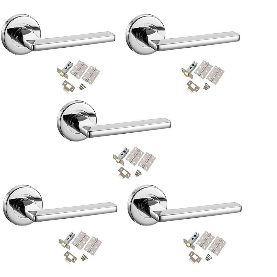 image 1 of Golden Grace 5 Sets Leon Design Door Handles Lever on Round Rose in Polished Chrome Finish with Latch Set, 1 Pair 3" Hinges & 2.5" Tubular Latch Chrome