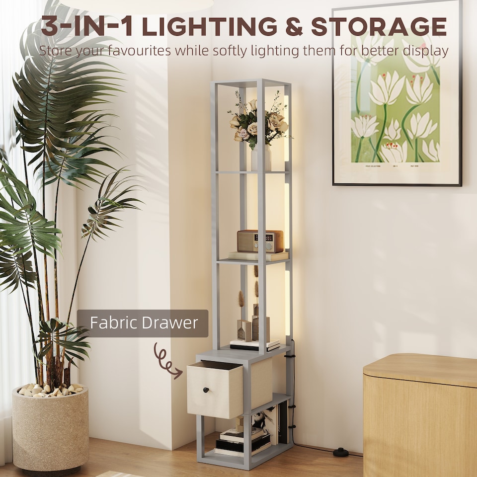 image 1 of HOMCOM Floor Lamp with Shelves, LED Column Modern Standing Lamp with Fabric Drawer, Adjustable Brightness, Foot Switch for Living Room, Bedroom, Office, Grey | Grey