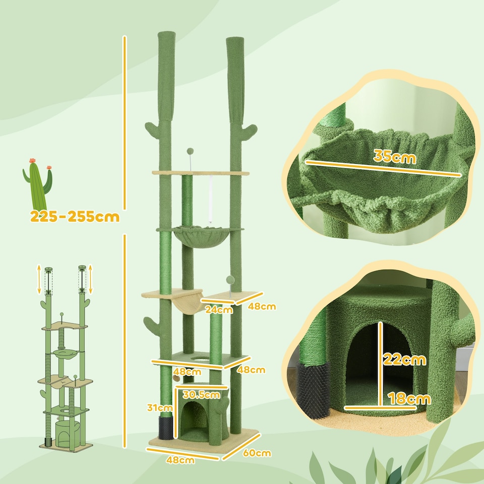image 1 of PawHut Cat Tower 225-255cm Adjustable with Sisal Posts Hammocks, Green