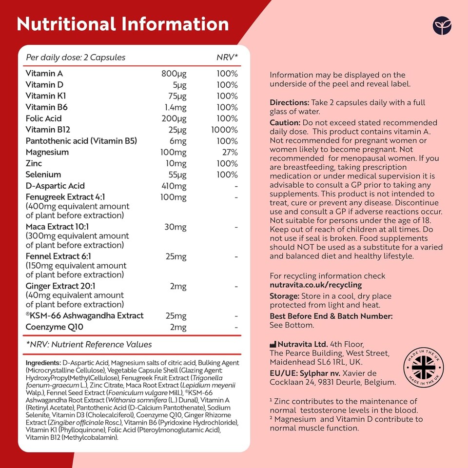 image 1 of Nutravita Test Booster for Men - 1450mg Testosterone Supplement - TESTOMAX 2.0 Incl. Ashwagandha KSM 66, CoQ10, Maca Root - 210 Vegan Capsules