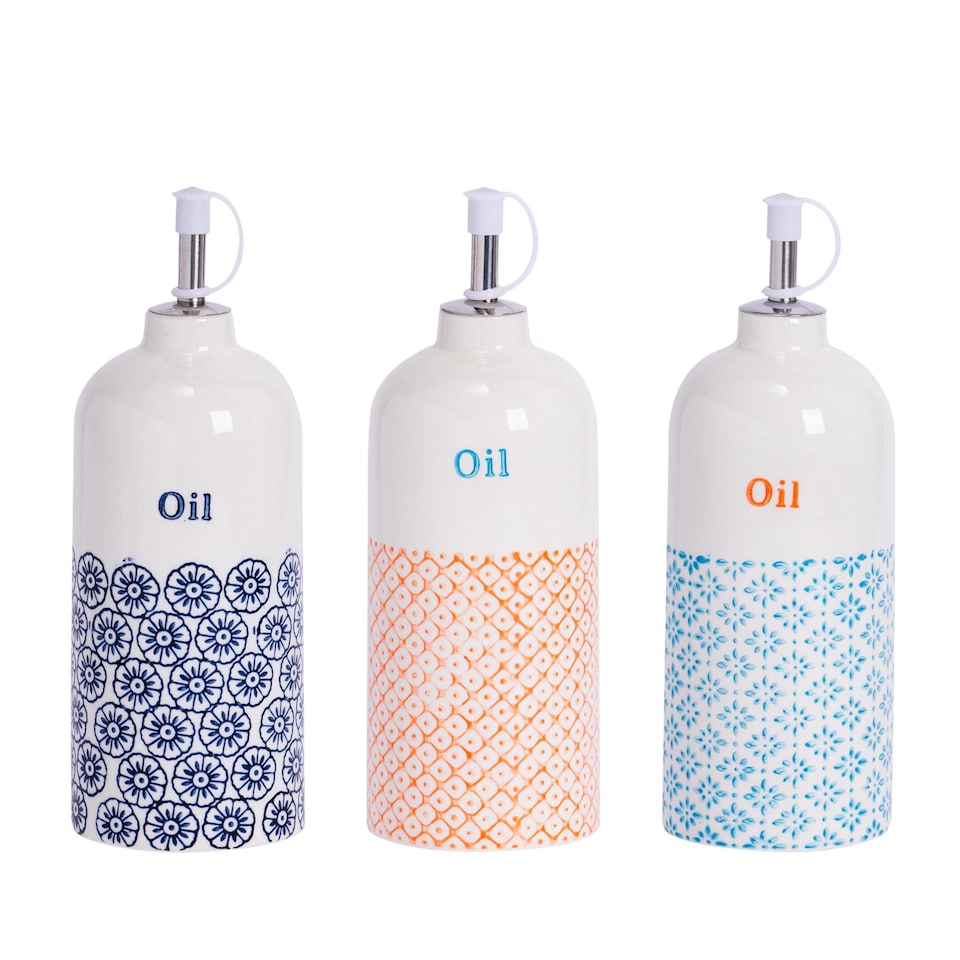 image 1 of Nicola Spring Hand-Printed Olive Oil Pourer Bottles - 500ml - 3 Colours - Pack of 3