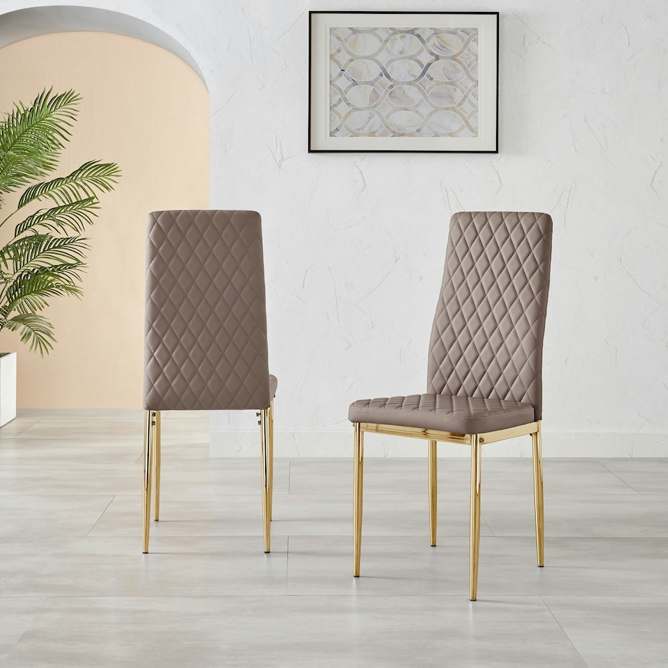 image 1 of Furniturebox 6x Milan Cappuccino Beige Gold Hatched Faux Leather Dining Chairs