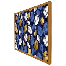 White, blue & gold leaves on navy background (Picutre Frame) Brown | Oak | XS