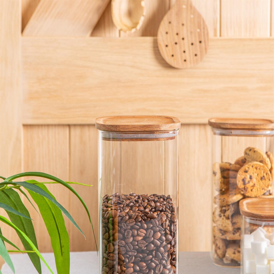 image 1 of Argon Tableware Square Glass Storage Jars with Wooden Lids - 1.9 Litre - Pack of 3