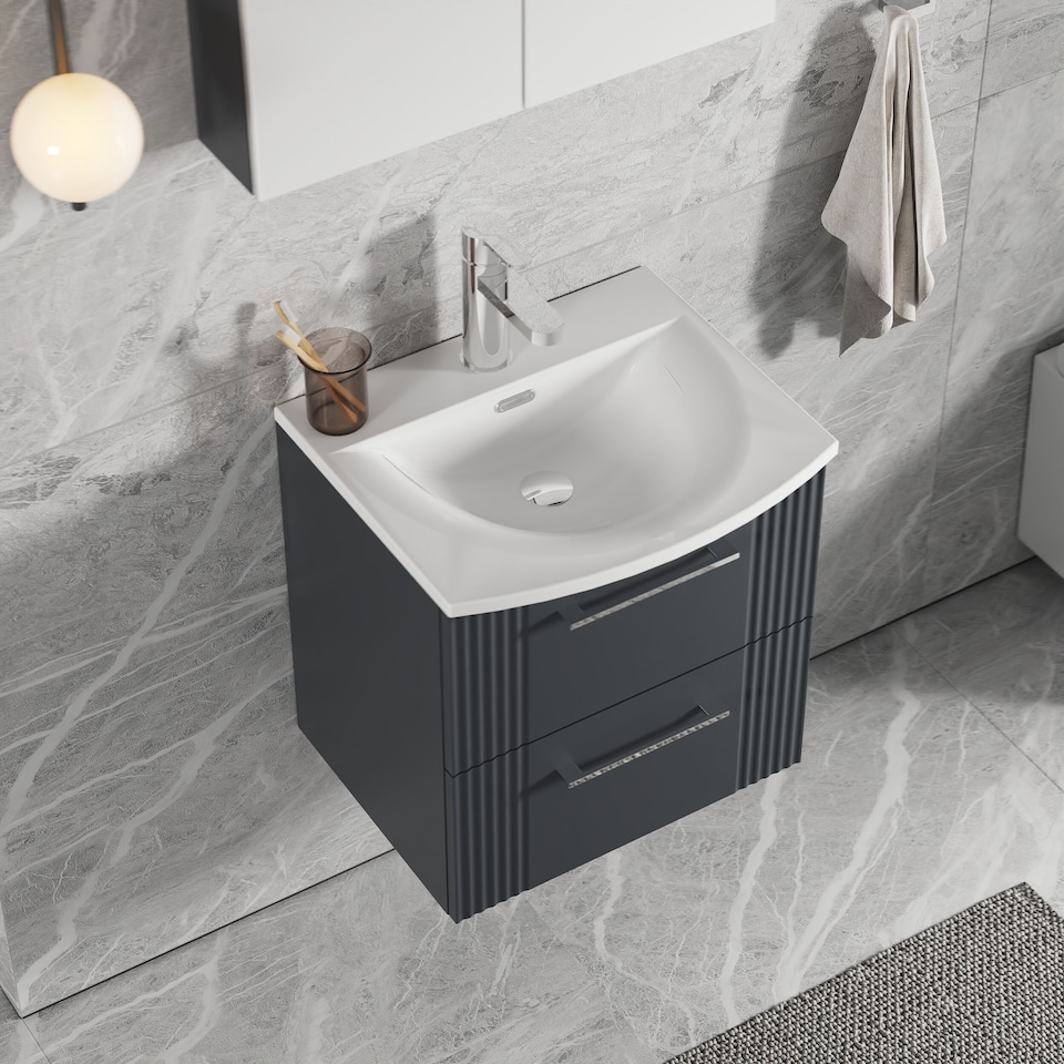 image 1 of Balterley Partial Fluted 2 Drawer Wall Hung Vanity Unit with 1 Tap Hole Curved Basin | Grey | Satin Soft Black