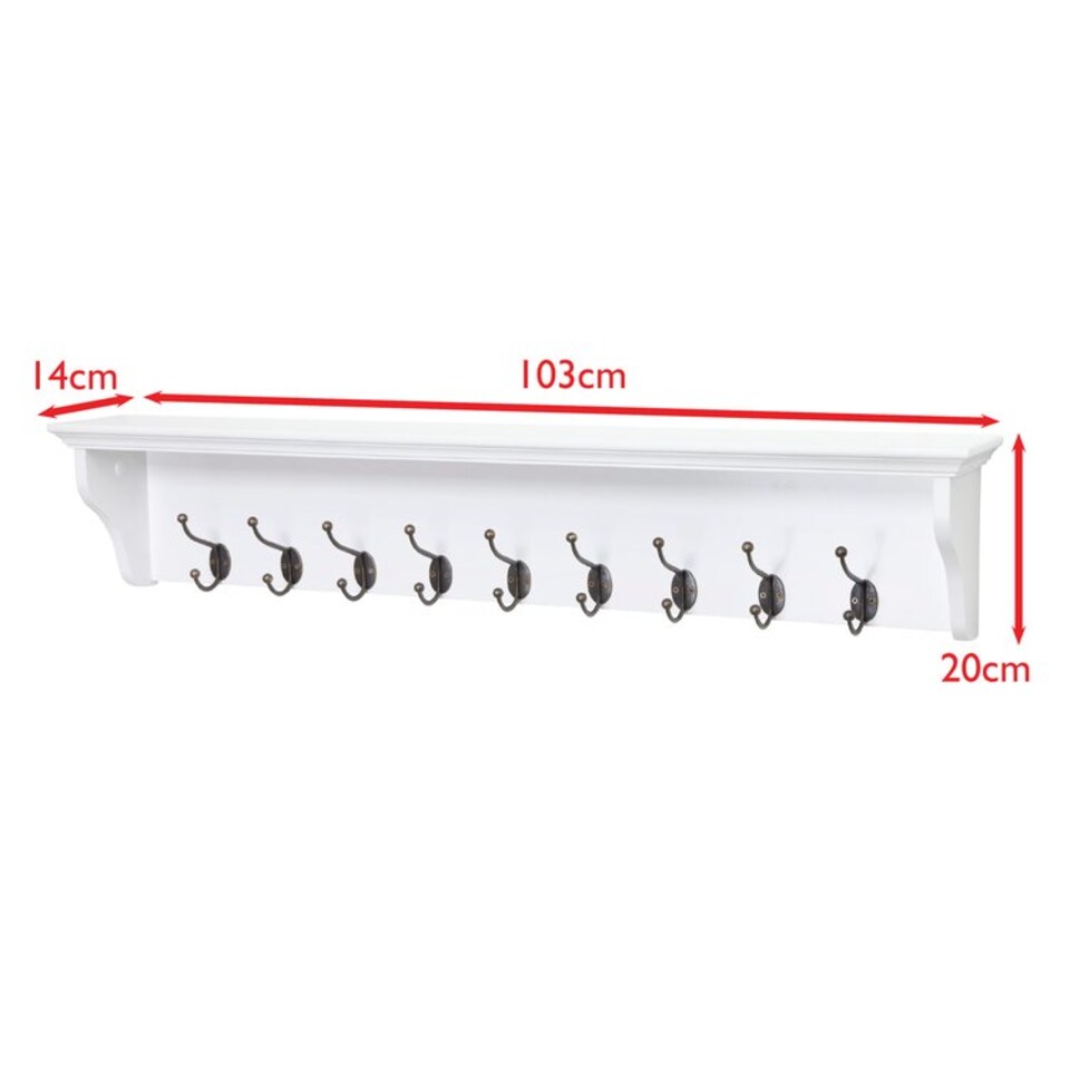 image 1 of Richmond White Wooden Wall Mounted Coat Rack - 9 Hooks, Shelf, Hallway, Bathroom | White