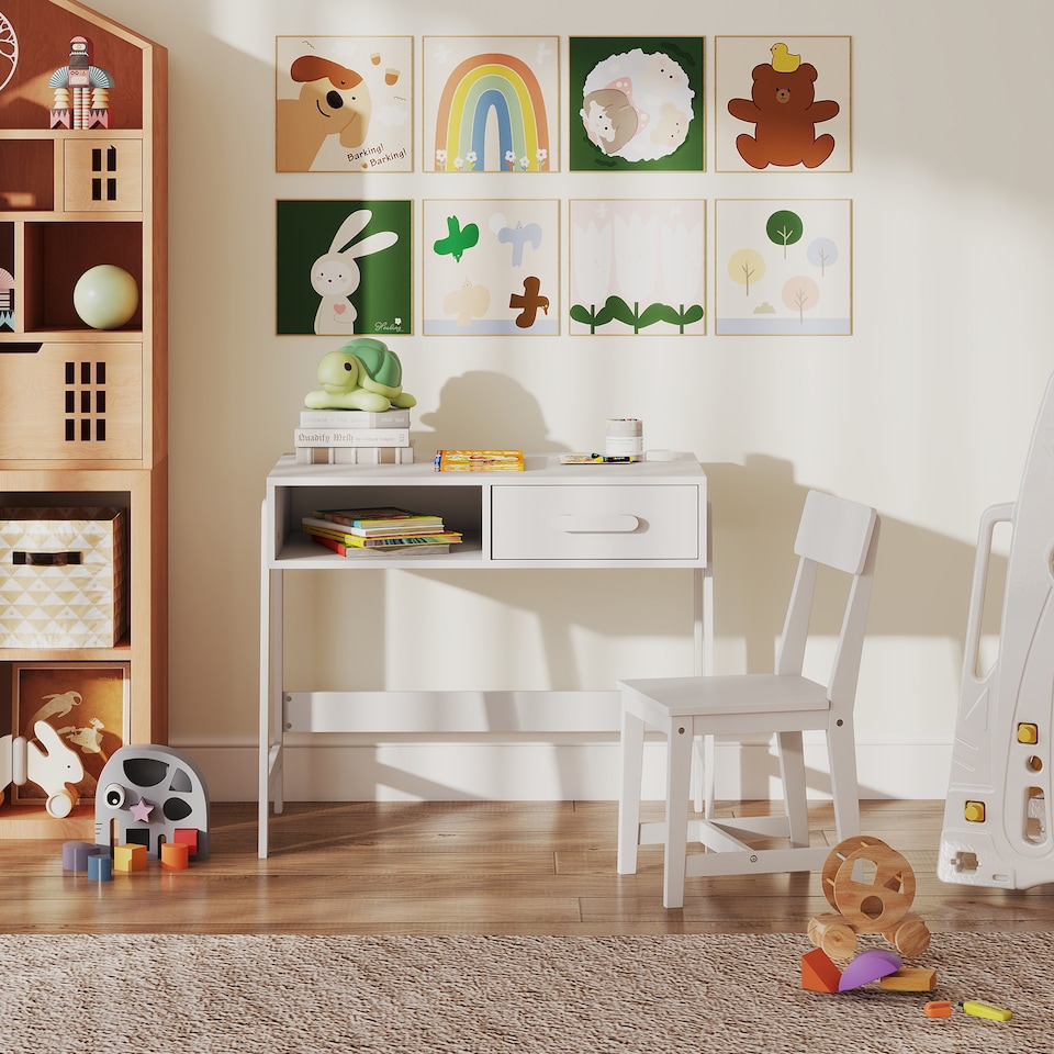 image 1 of COSTWAY Kids Desk and Chair Set with Drawer White