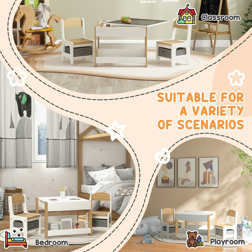 image 1 of HOMCOM 3-Piece Kids Table and Chair Set for Nursery, Playroom, Classroom Brown