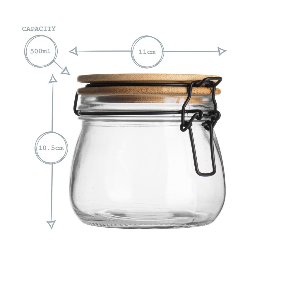 image 1 of Argon Tableware 3x Glass Storage Jars - Wooden Clip Lid - 500ml - Airtight Kitchen Container Round Preserving Jar with Black Seal