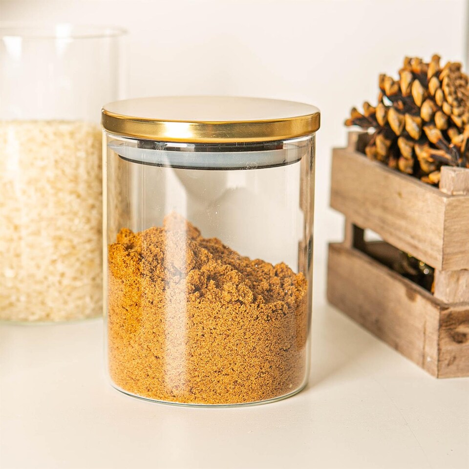 image 1 of Argon Tableware Glass Storage Jar - Gold Lid - 750ml - Modern Round Scandi Organisation Container Glass Jar