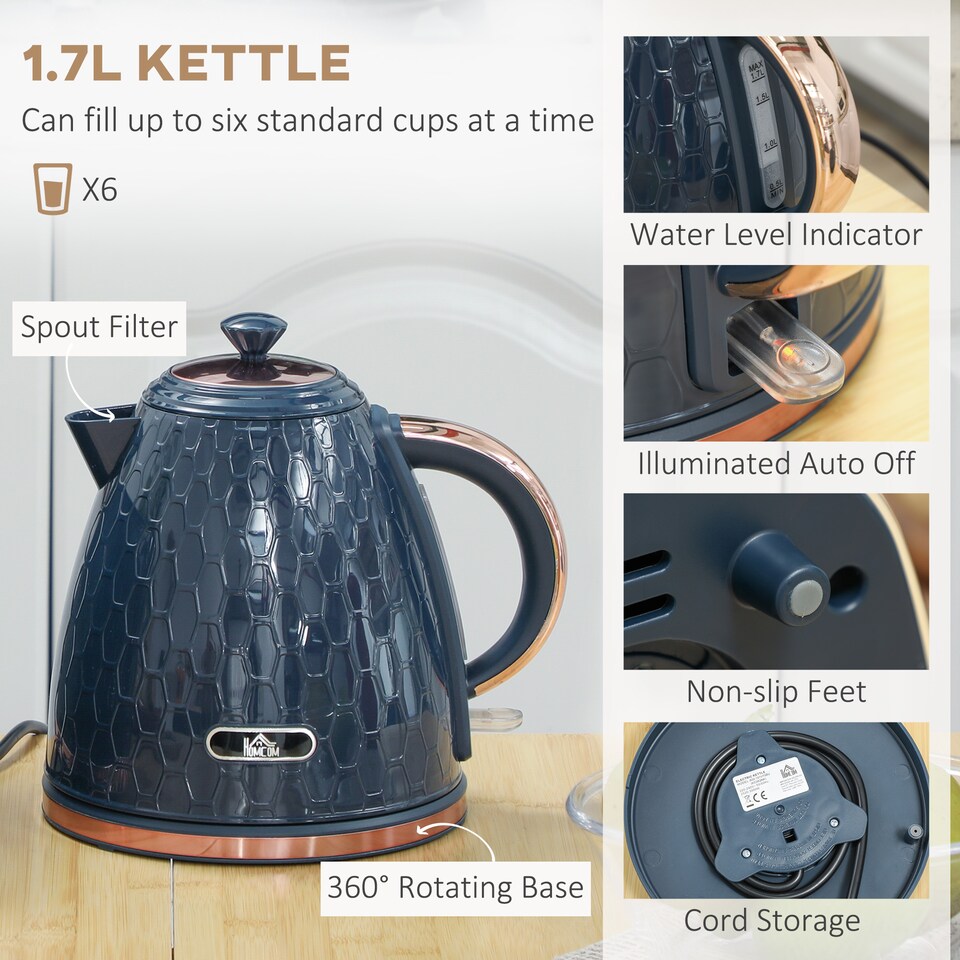 image 1 of HOMCOM Kettle and Toaster Set 1.7L Fast Boil Kettle & 2 Slice Toaster Set Blue