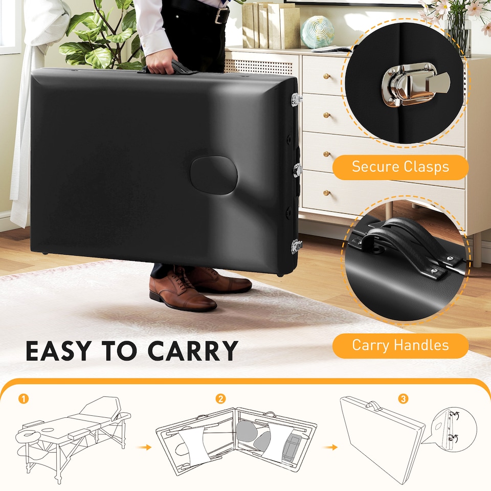 image 1 of HOMCOM Portable Massage Table, 3 Section Adjustable Beauty Bed, Wooden Foldable Massage Bed with Face Cradle, Padded Armrests for Spa, Lash, Tattoo, Black | Black | Black