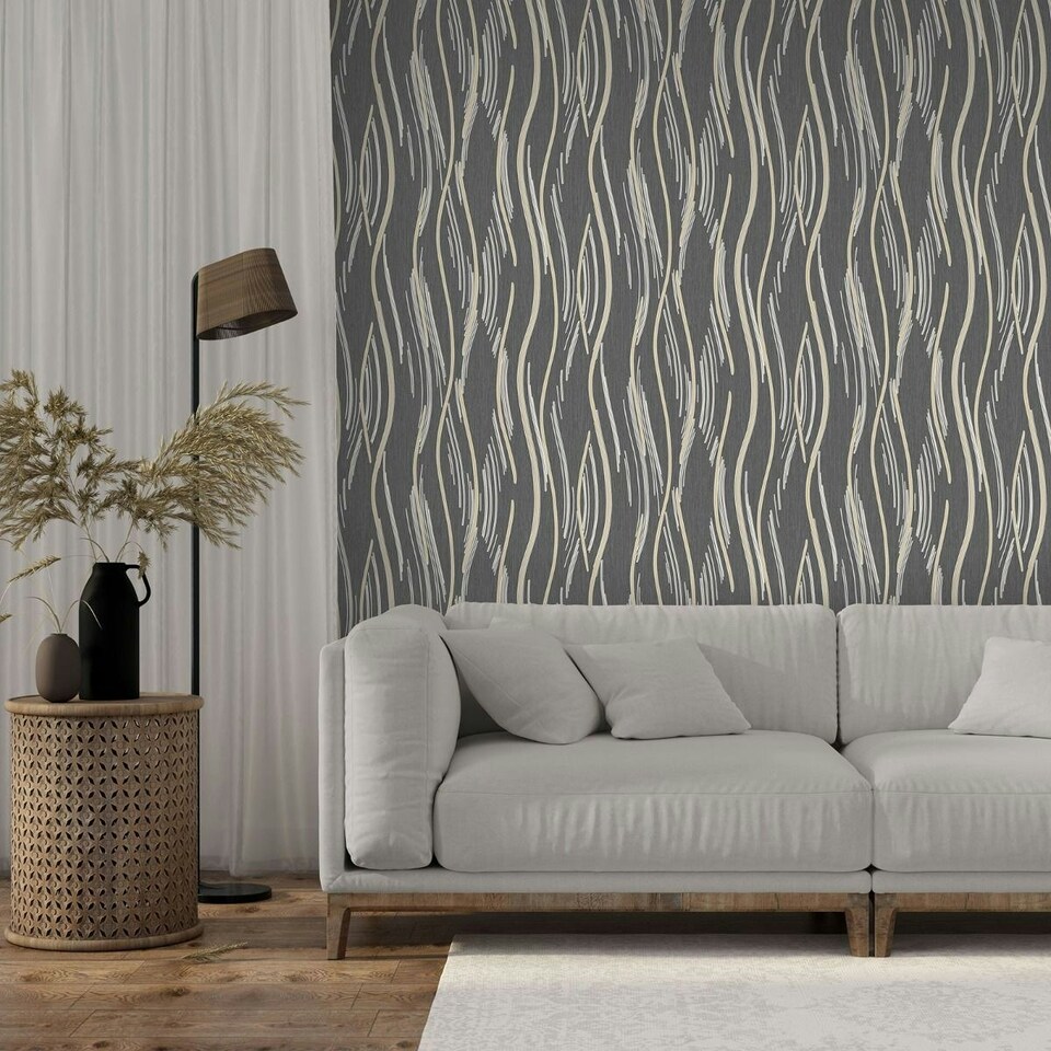 image 1 of World Of Wallpaper Shimmer Wave Textured Wallpaper - Black/Gold - 10m x 53cm Black