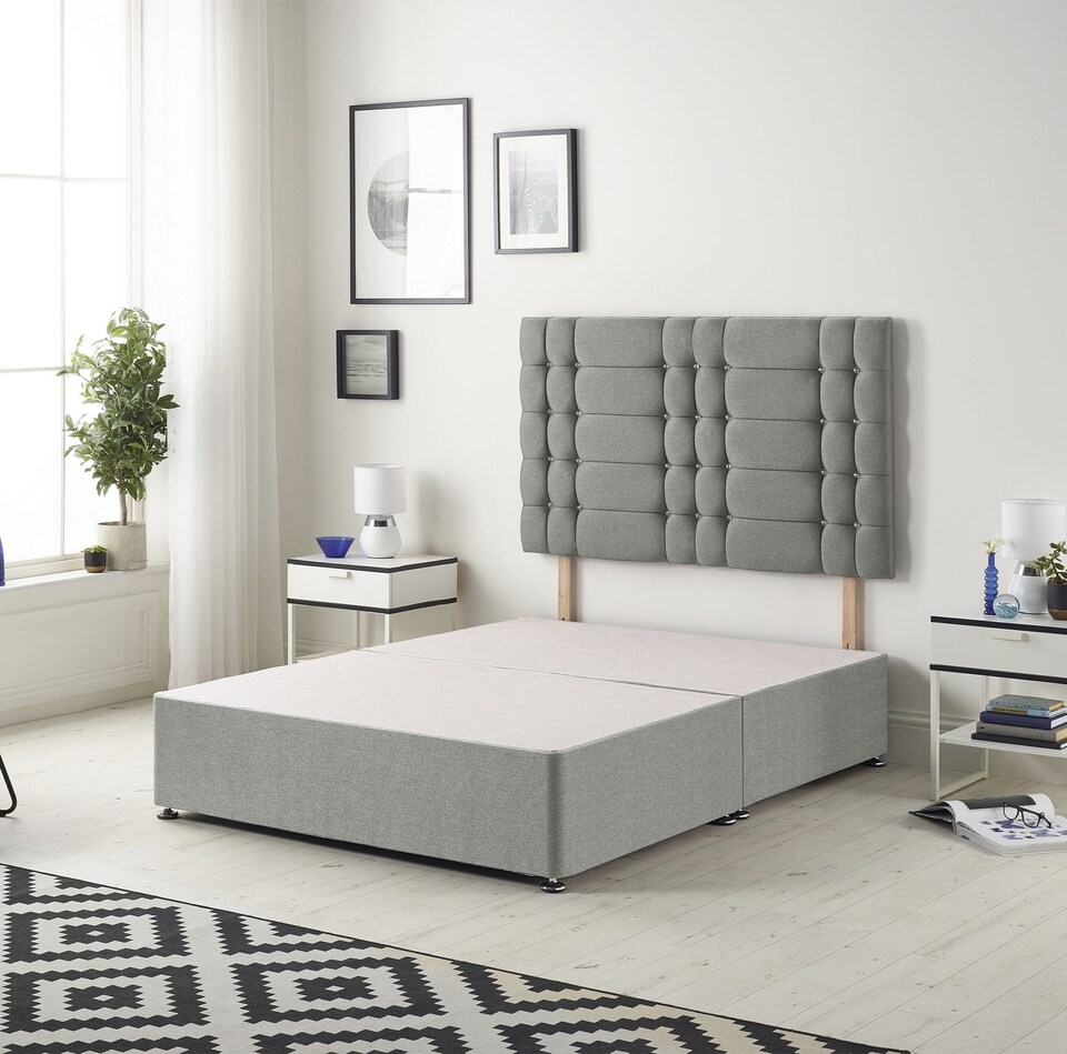 image 1 of Astoria Divan Bed Base with 30 Inch Diamonte Button Headboard Tweed Fabric | Grey | Grey | Single