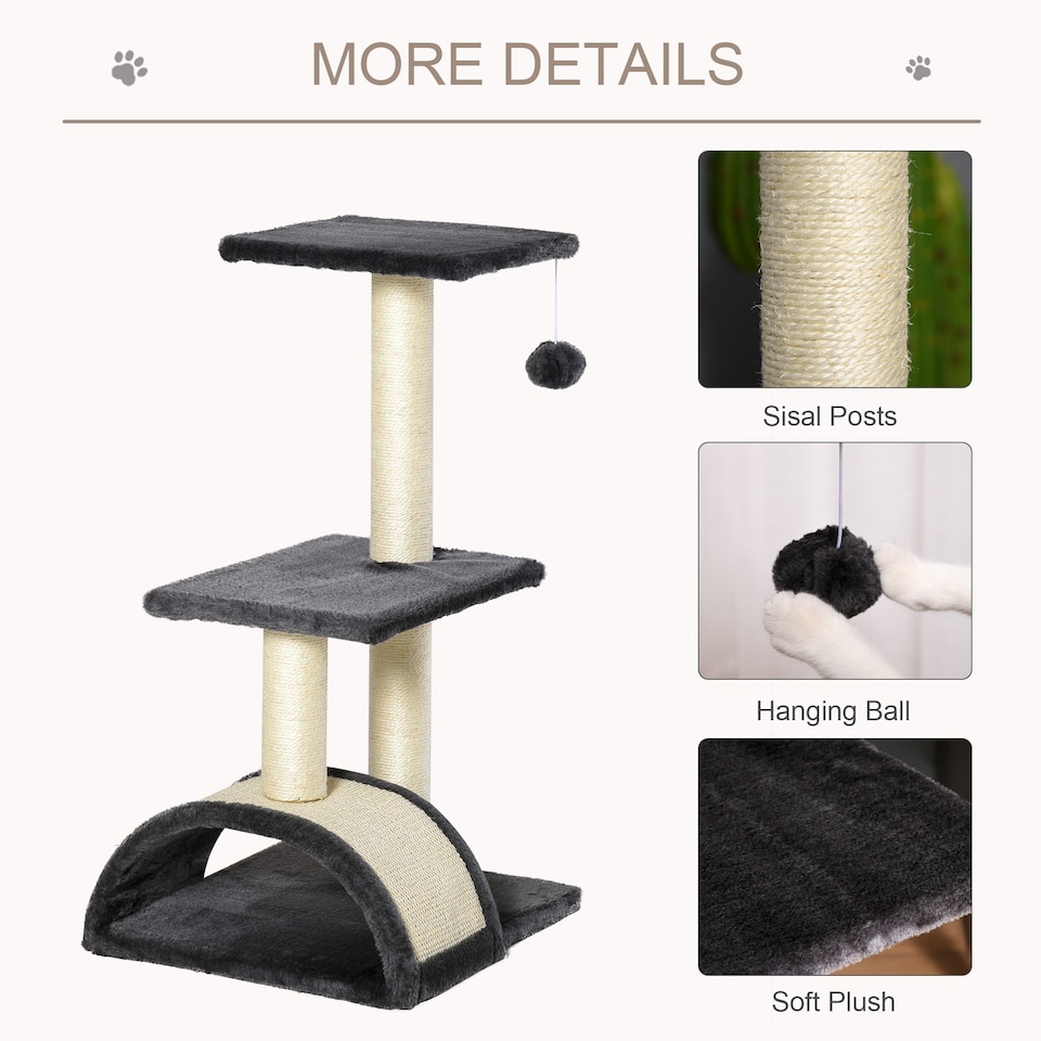 image 1 of PawHut Cat Tree Tower with Sisal Scratch Post, Arc Perch, 72cm, Smoky Grey