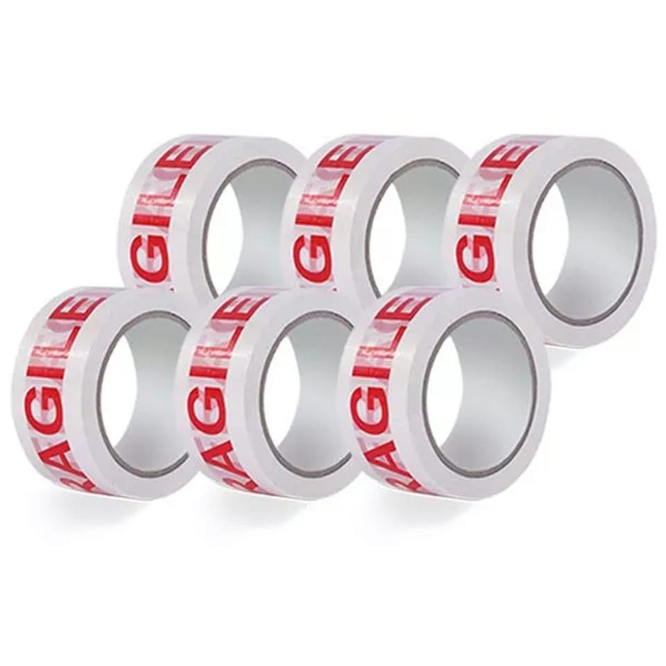 image 1 of 6 Rolls 50mm x 66m Printed Fragile Tape Easy Tear Water Resistant Perfect For Sealing Packages