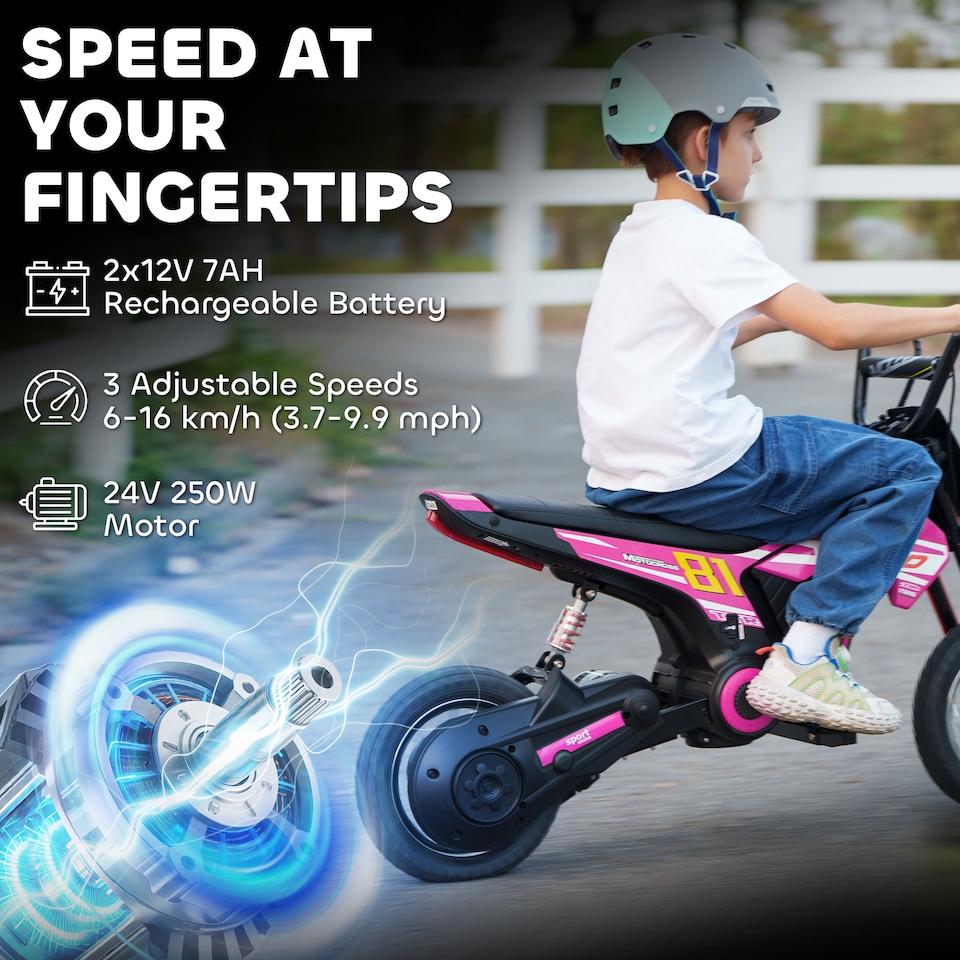 image 1 of AIYAPLAY Kids Electric Motorbike, 24V Battery Powered Dirt Bike with 250W Motor, 6-16km/h, 7AH Batteries, 12" Inflatable Tires and Rear Suspension, Ride On Motorcycle for 8-12 Years Old | Pink