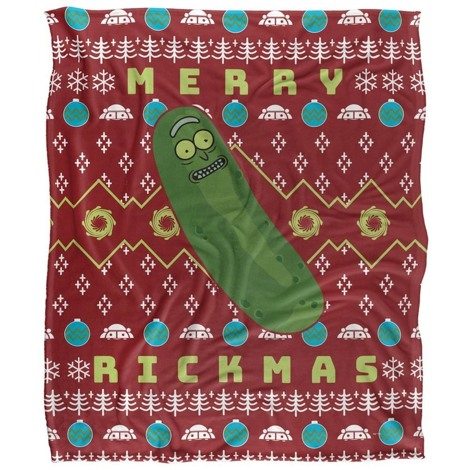 image 1 of Rick And Morty Merry Rickmas Pickle Rick Christmas Blanket - Multicoloured - One Size