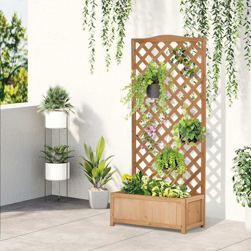 image 1 of Outsunny Garden Wooden Planter Box with Trellis Flower Raised Bed