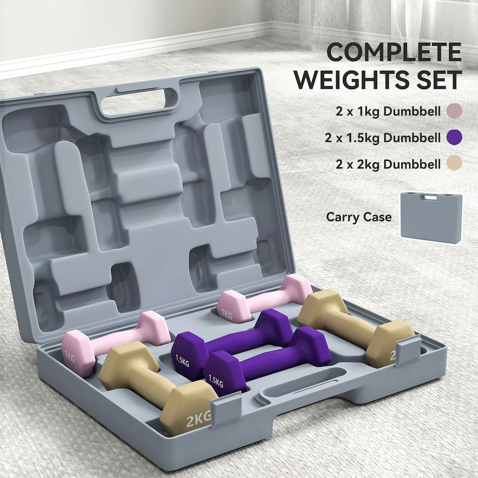image 1 of SPORTNOW 9kg Hex Dumbbells Set with Carry Case, 2 x 1kg, 2 x 1.5kg, 2 x 2kg