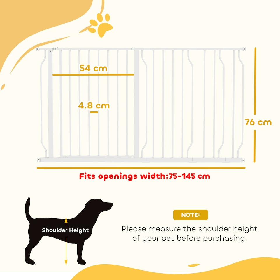 image 1 of PawHut Dog Gate Wide Stair Gate w/ Door Pressure Fit, 75-145W cm, White