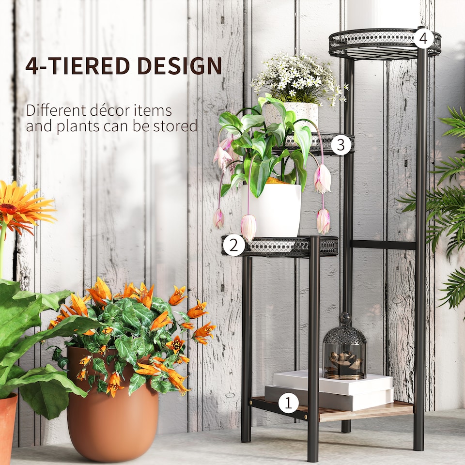 image 1 of Outsunny 4 Tiered Plant Pot Stand, Metal Plant Shelf for Living Room | Black | Black