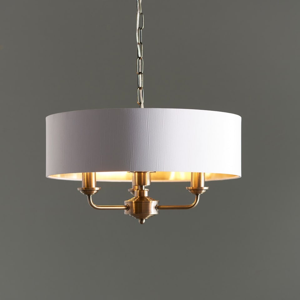 image 1 of Highclere 3 Lamp Single Shade Pendant Ceiling Lamp, Antique Brass Plate, Vintage White Fabric