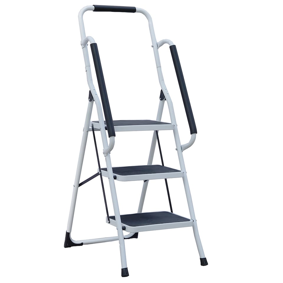image 1 of Gr8 Home 3 Step Ladder Folding Stool Non Slip Tread Steel Foldable Home DIY With Handrail