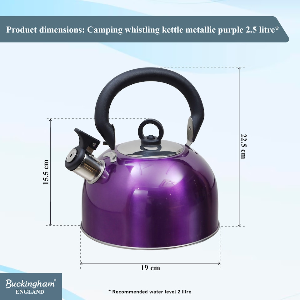 image 1 of Buckingham Camping Whistling Kettle Met Purple Colour Coated Stainless Steel with Heat Resistant Phenolic Handle 2.5 L