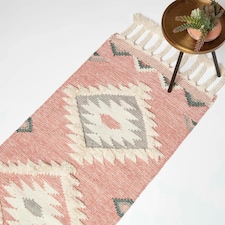 Homescapes Pali Pink Kilim Runner Wool Rug - 66 x 200 cm | Pink | 66 x 200 cm